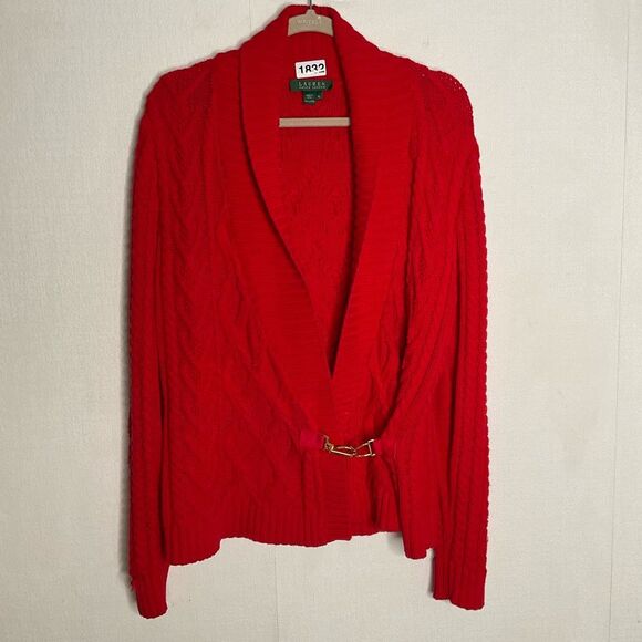 Lauren Ralph Lauren Cable Sweater Womens XL Red Cardigan Bit Buckle Shawl Collar - Picture 1 of 9